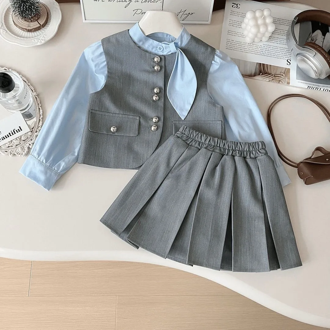 

Girls' College Style Set Spring and Autumn New Style Children's Long sleeved Shirt Vest pleated Skirt 3-piece Set