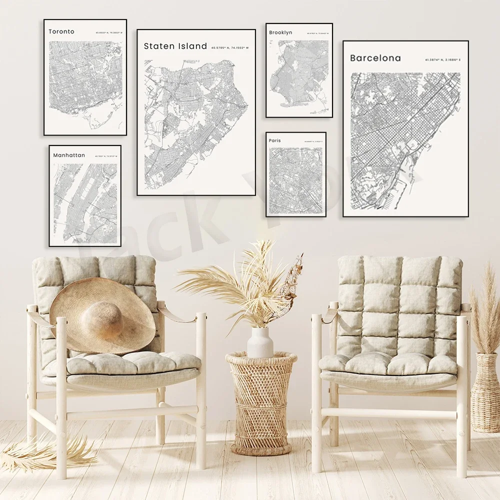 Barcelona,Bronx,Staten Island,Queens,Manhattan,Brooklyn,Madrid city map posters travel wall paintings,map gifts