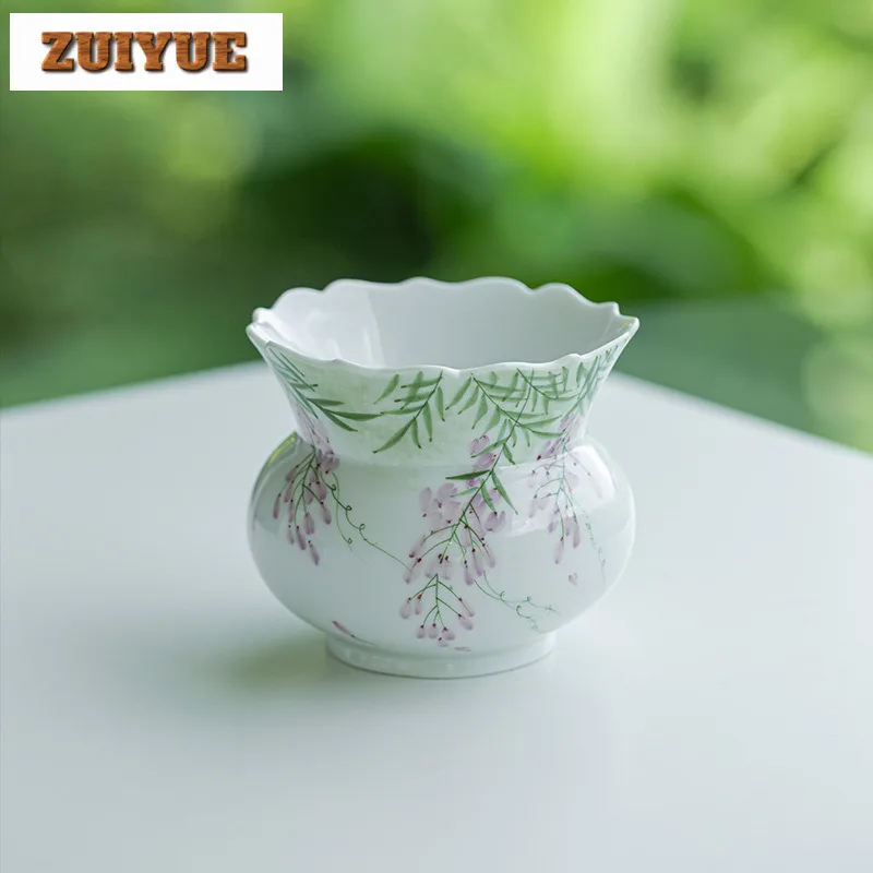 385ml Hand-painted Wisteria Flower Jianshui White Porcelain Tea Wash Tea Residue Bucket Household Chaxi Tea Ceremony Ornaments