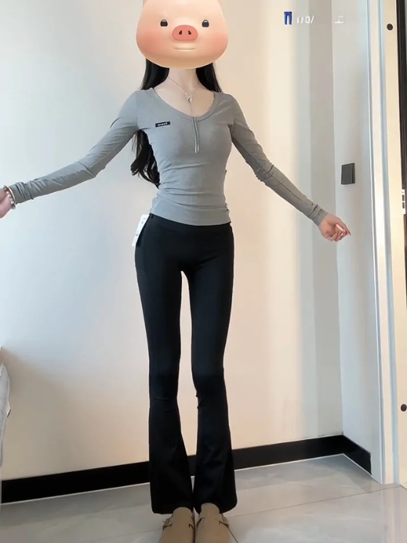 하이웨이스트 요가 팬츠 여성용 슬림 엘라스틱 캐주얼 플레어 얇은 레깅스 하이웨이스트 롱 팬츠