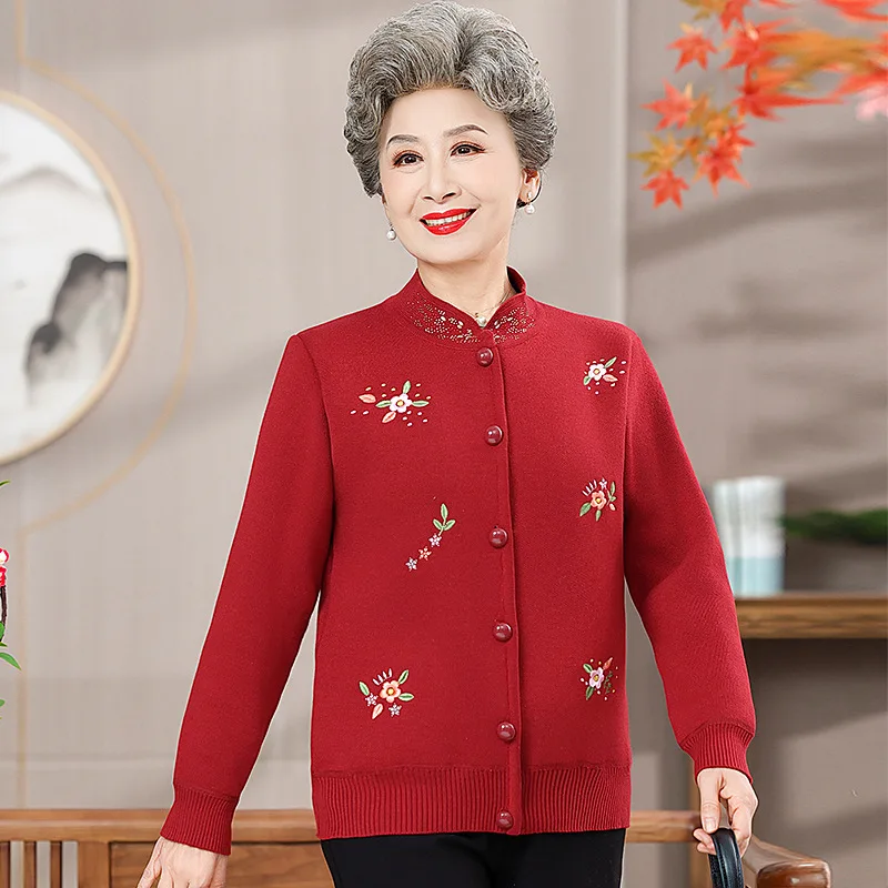 Cardigans For Woman New Casual Plus Velvet Middle Aged Mother Winter Sweater Coat Thicken Warm Printed Grandma Knitting Jacket