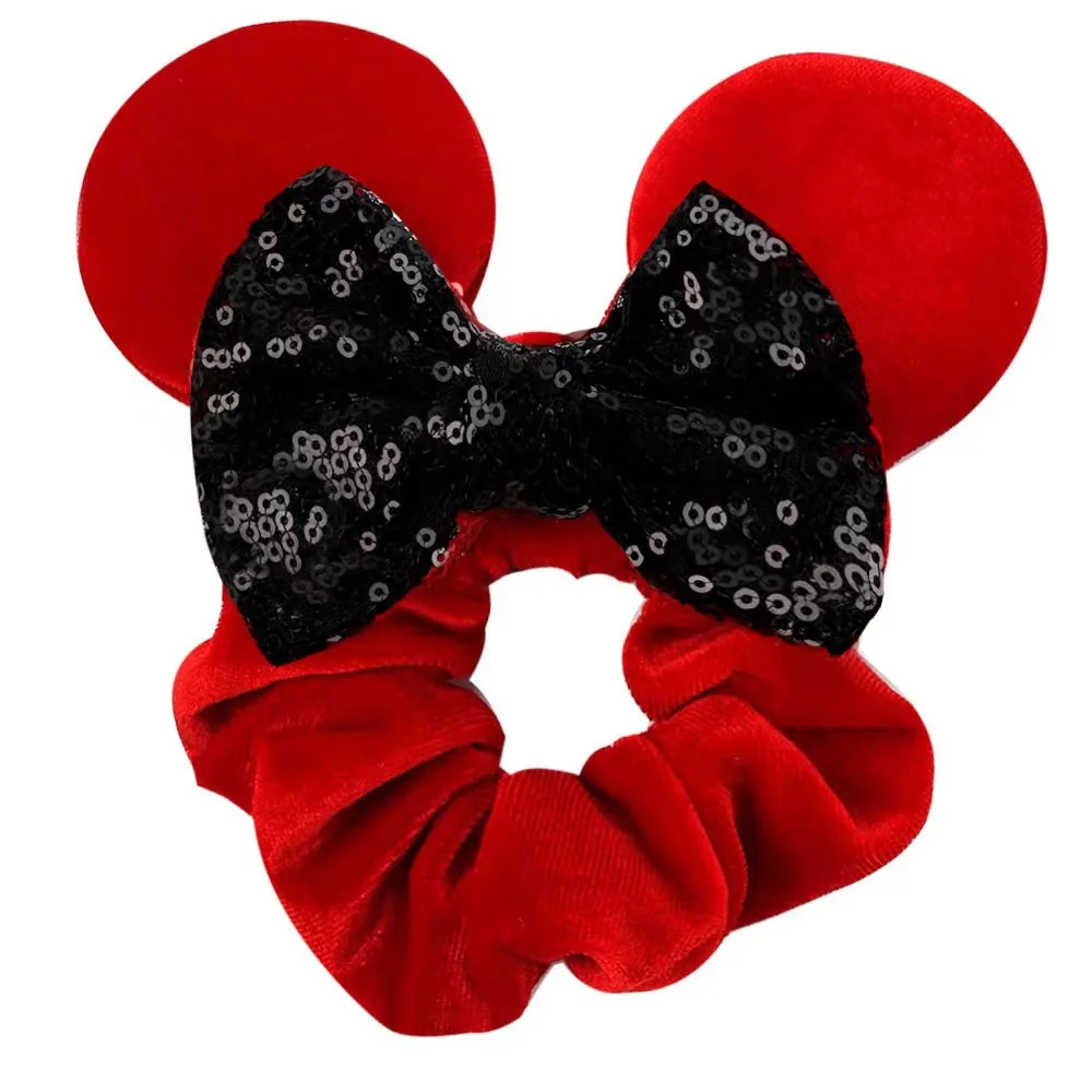 3pcs Disney Mickey Mouse Ear Scrunchies for Kids Velvet Hair Bow Scrunchies-Sparkle Sequins Mouse Hair Bands