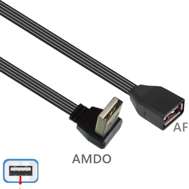 Línea datos planos USB 2.0 Cable extensión 90 grados/Cabeza recta Hombre a mujer