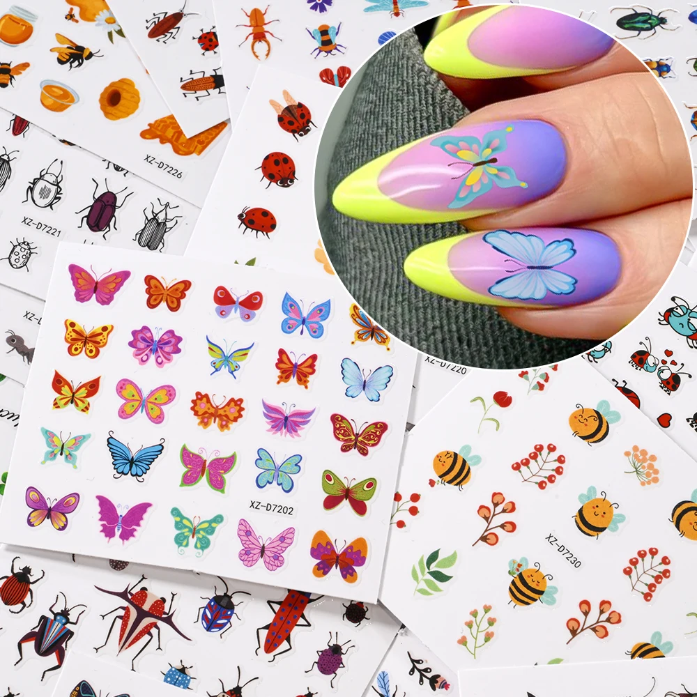 30 pçs/lote bonito abelha joaninha formiga arte do prego adesivos auto-adesivo decalques de unhas flores borboleta insetos projetos manicure decorações