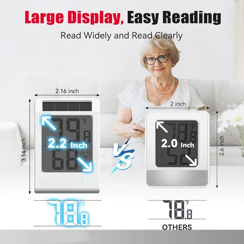 DT19 2.2'' Solar Powered Digital Thermometer Hygrometer Indoor Humidity Gauge Room Temperature Monitor with Comfort Indicator