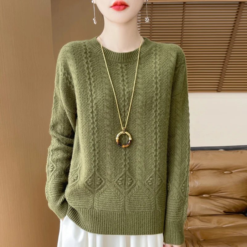 

Women's 100% Merino Wool Thickening Sweater O-neck Twisted Flower Pullover Autumn Winter Warm Clothing Casual Knit Basic Tops