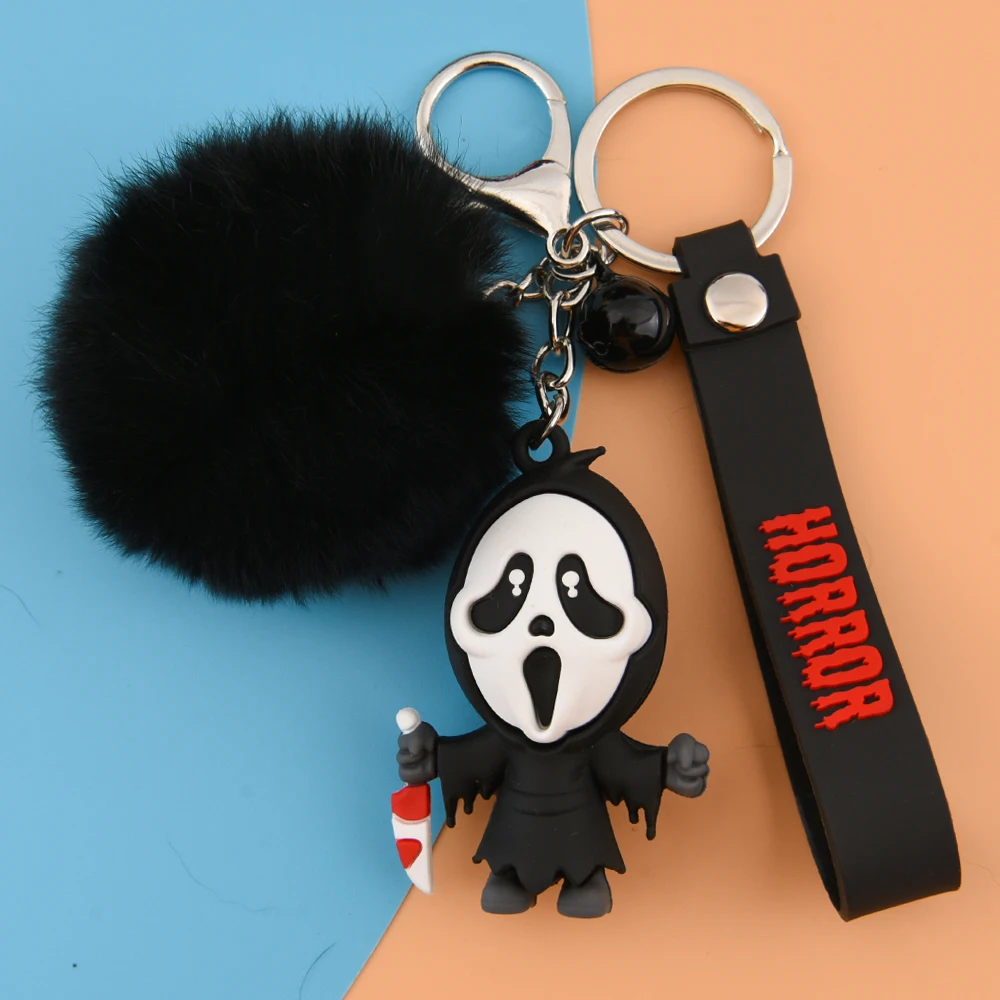 1pcs Creepy-Cute Horror Ghost Keychains With Black Fur Ball & Gothic Charm - Spooky Kawaii Keyring For Halloween Accessories - view 4