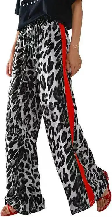2025 New Casual Women's Trousers Leopard Print Splicing Temperament Loose Europe and The United States