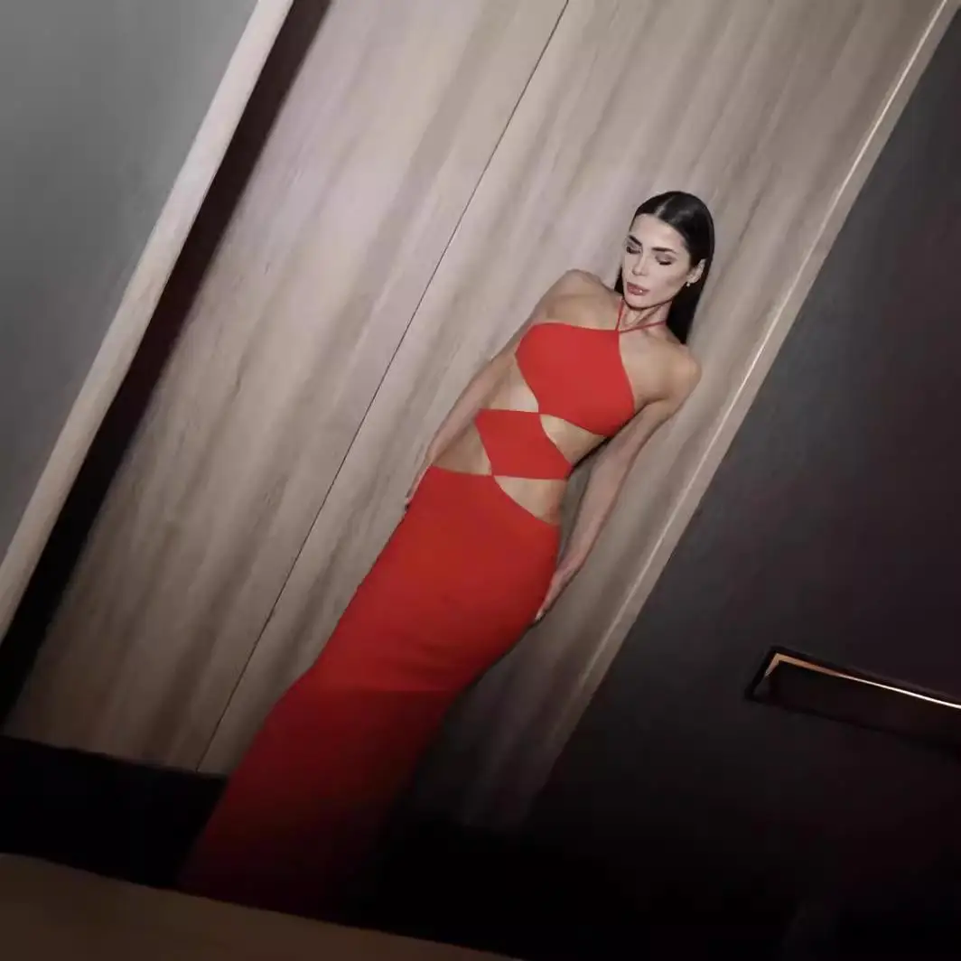 فستان طويل بحزام عصري لعام 2024 من Dr Cut out Par Banquet بخصر مطاطي من الألياف بدون Sve Bodycon Dr لمنتصف العمر...