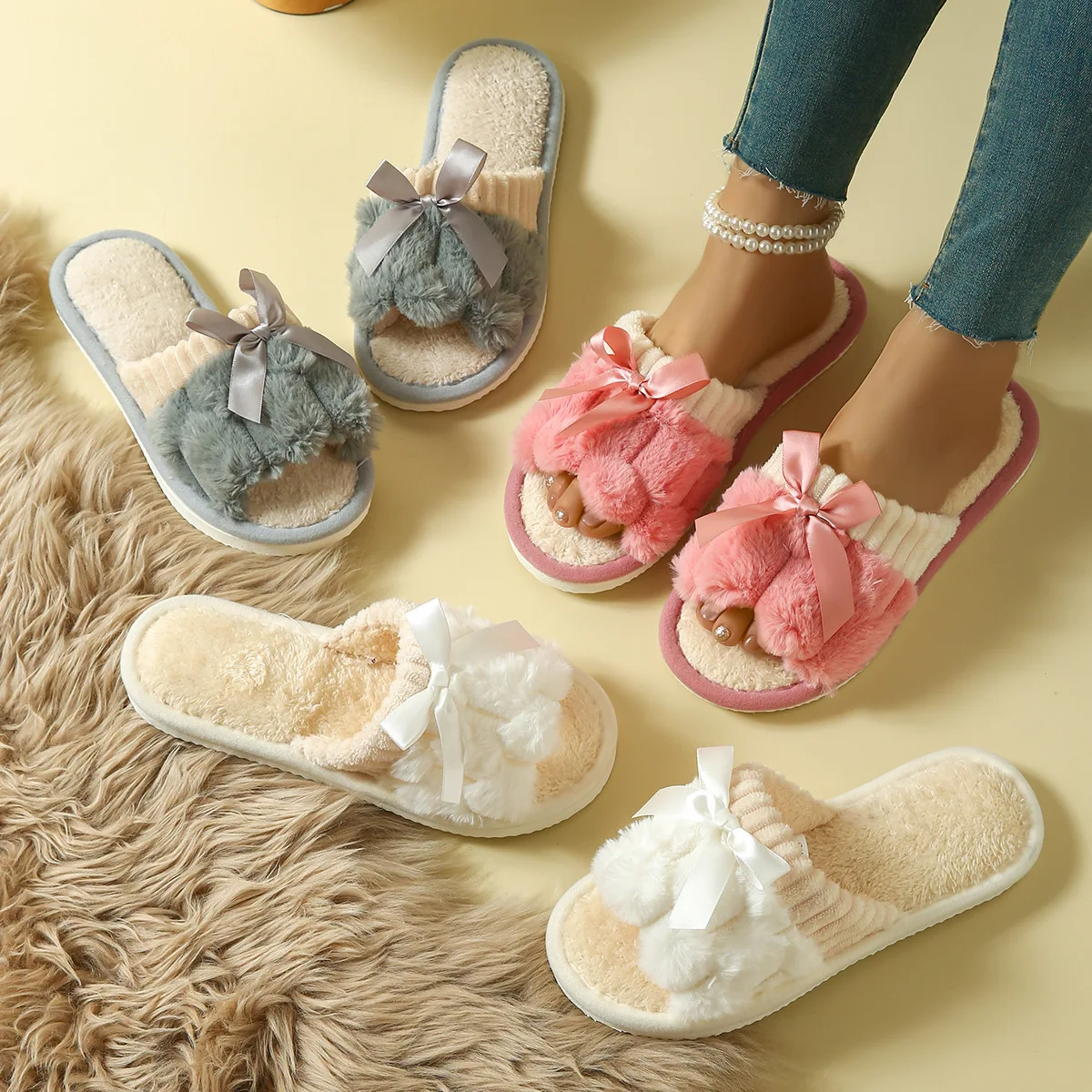 

Autumn Winter Women Fashion Indoor Plush Bow Slippers Females New Lovely Bowknot Slides Men Home Cute Warm Fluffy Light Sandals