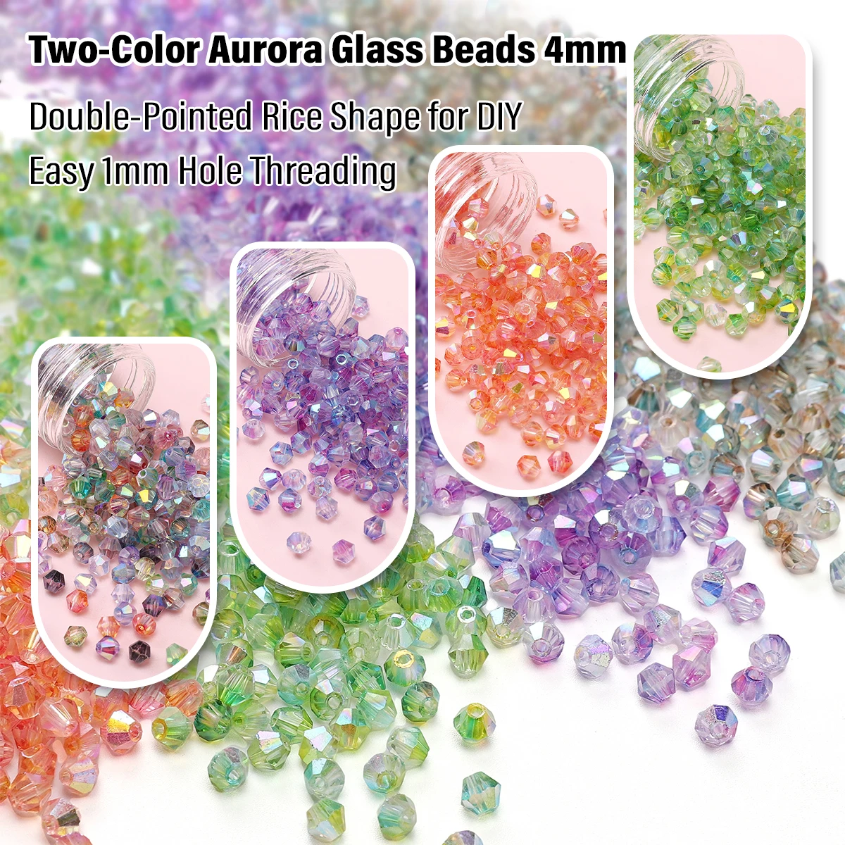 4mm Two-Color Aurora Double-Pointed Smooth Glass Rice Beads 1mm Hole - DIY Jewelry Making for Bracelets Necklaces Craft 130pcs
