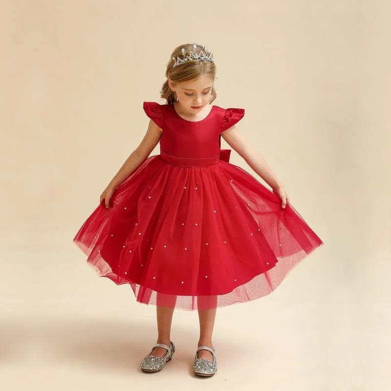 Kids Party Performance Dresses Girls Bow Banquet Puff Skirt Children Birthday Elegance Mesh Pearl Accents Gown 2-8 Years Old