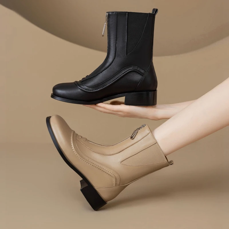 

Women's new autumn and winter genuine leather cowhide round toe, front zipper large size, and calf short boots fashion boots