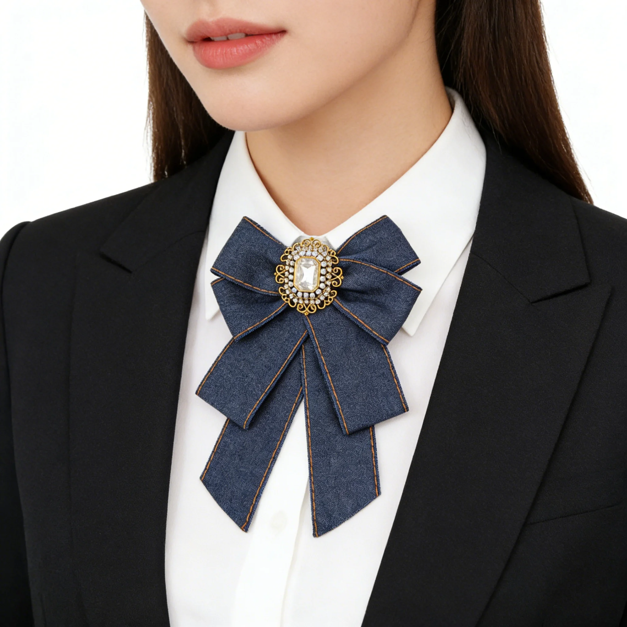 Vintage Denim Bow Retro Pear Crystal Badge British Style Shirt Collor Wedding British Girls Boys Neck Tie for Women Accessories