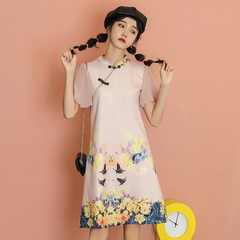 Cheongsam Women summer dress 2024 New Chinese dress qipao cute print plus size summer clothes girls midi oriental dress 10593