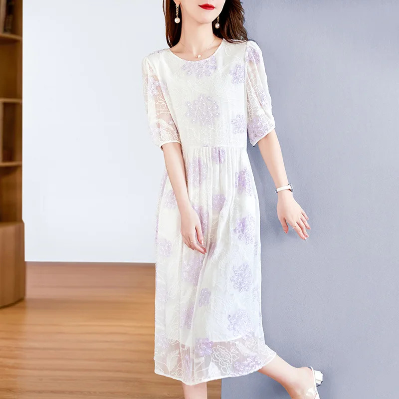 Positioning Embroidery Silk Crinkle Satin Dress 2024 New Summer Simplicity round Neck Light Purple Mid-Length Skir