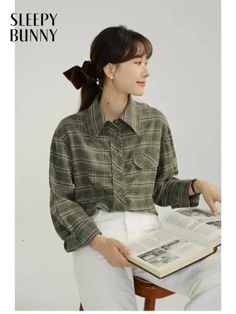 女性レディレトロチェック柄シャツルーズ起毛ブラウスターンダウンカラースプリングアウタースタイルシックなカラーコントラストデイリーレイヤリングトップ