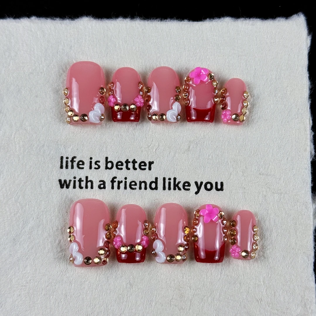 10pcs High-end Pink girl style, hand-painted three-dimensional engraved design, dazzling point-of-light diamonds handmade fake