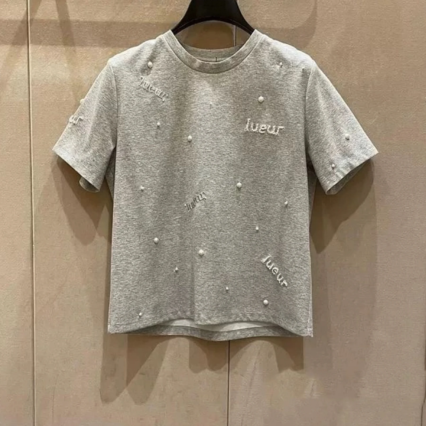 

Faionable round Ne ort Sve T-irt Pearl Embroidery Heavy Work Simple Design Spring Summer Women's Commute Sle irt