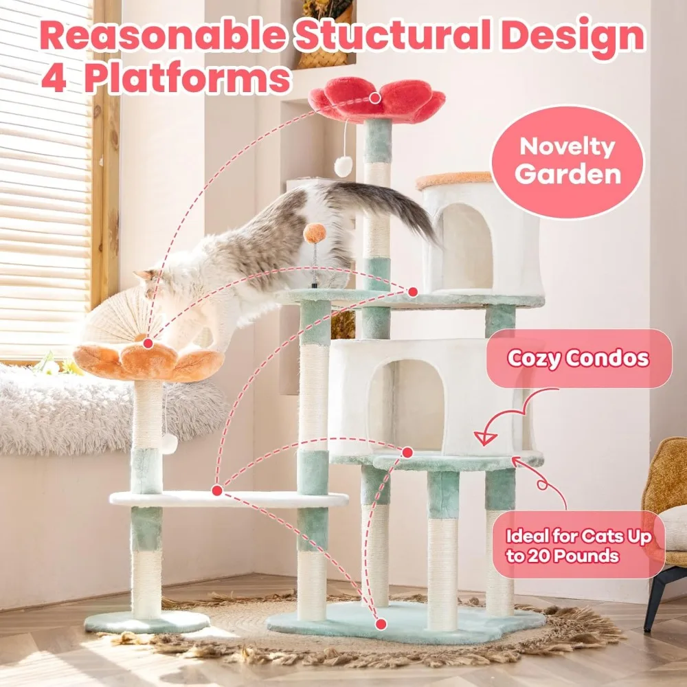 56.3in Cat Tree, Cat Tower with Cozy Condo & Scratching Post, Cat Tree Tower with Jumping Platform for Indoor Cats Large Adult