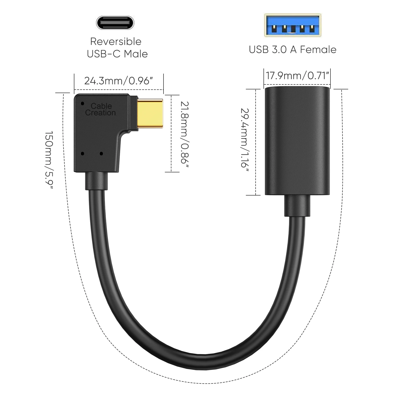 Adaptor CableCreation Tipe C ke USB 3.0, Kabel Adaptor OTG USB C Male ke USB A Female 90 Derajat