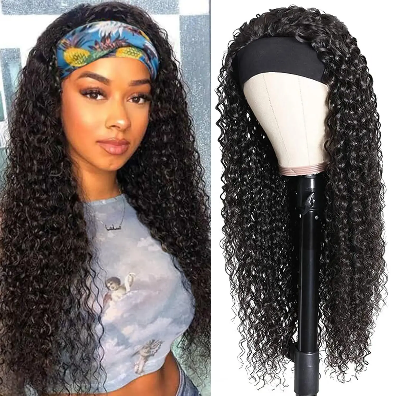Headband Wig Human Hair Wigs Wear and Go Glueless Wig Curly Deep Wave Headband Wig Natural Color Body Wave Straight Headband Wigs for Black Women Headband Wig Human Hair Deep Wave Wigs Curly Half Wig  image 8