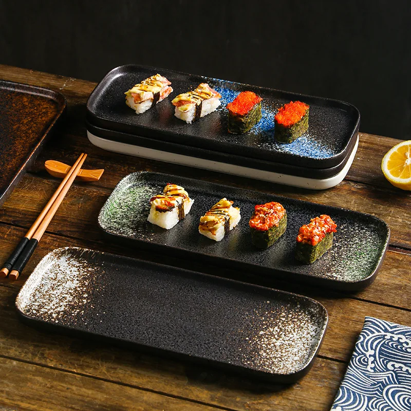 

Japanese sushi barbecue plate 12 inch rectangular cake dessert noodles ceramic tray wholesale