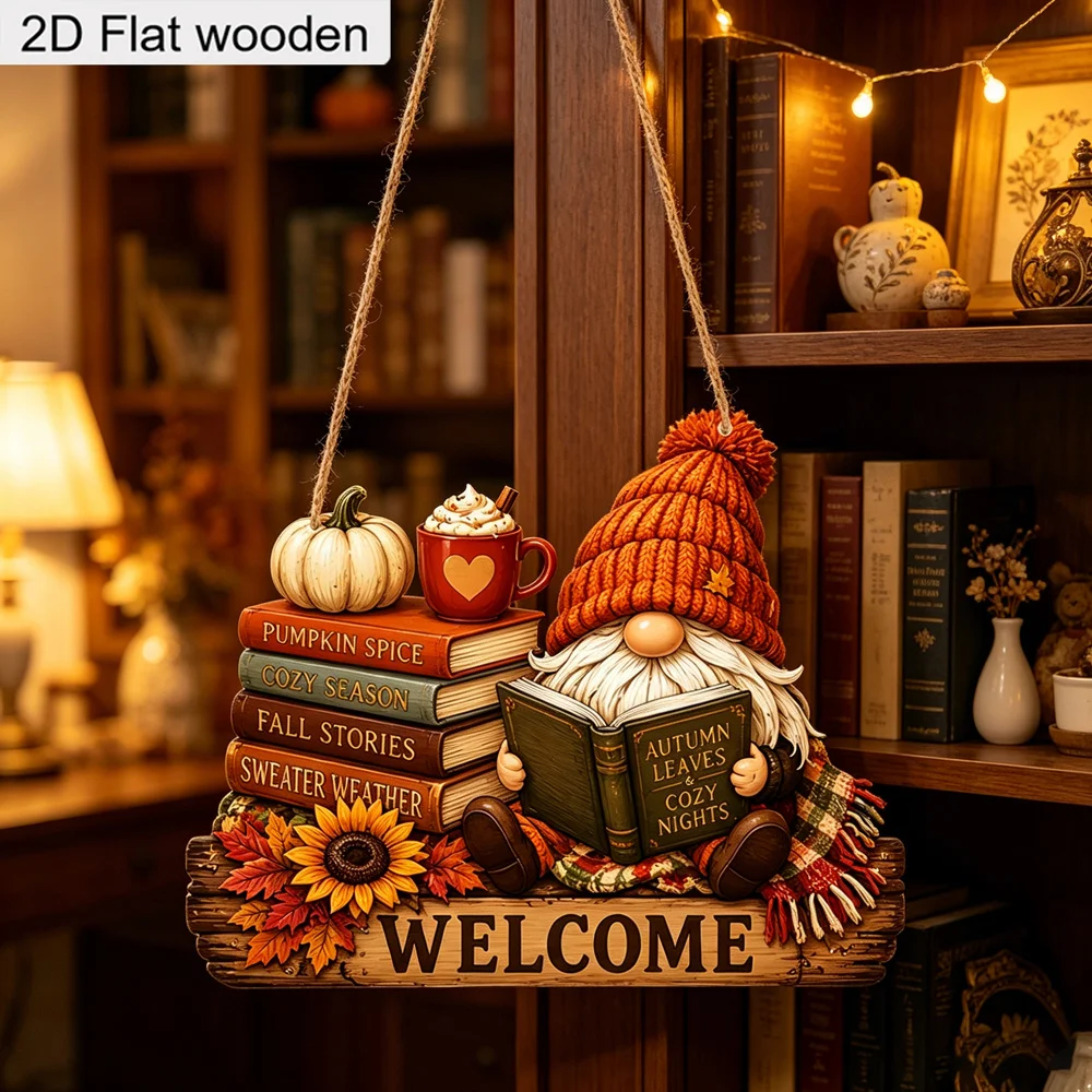 2D Flache Herbst-Zwerg-Willkommens-Holztafel Kürbis Buch Kaffee Herbst Bauernhaus Thanksgiving Haustür Wanddekoration – Detail 3