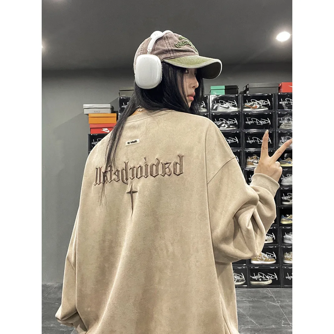 American Retro Round Neck Women's Hoodie Top Autumn Fashion Embroidered Letter Oversized Loose Pullover Sweatshirt Streetwear