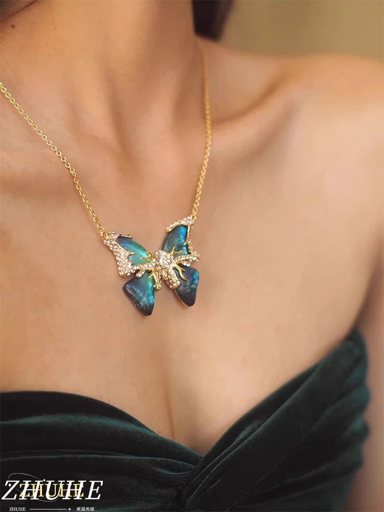 

Vintage Gold Plated Blue Butterfly Necklace with Zircon Crystals - Statement Jewelry for Women