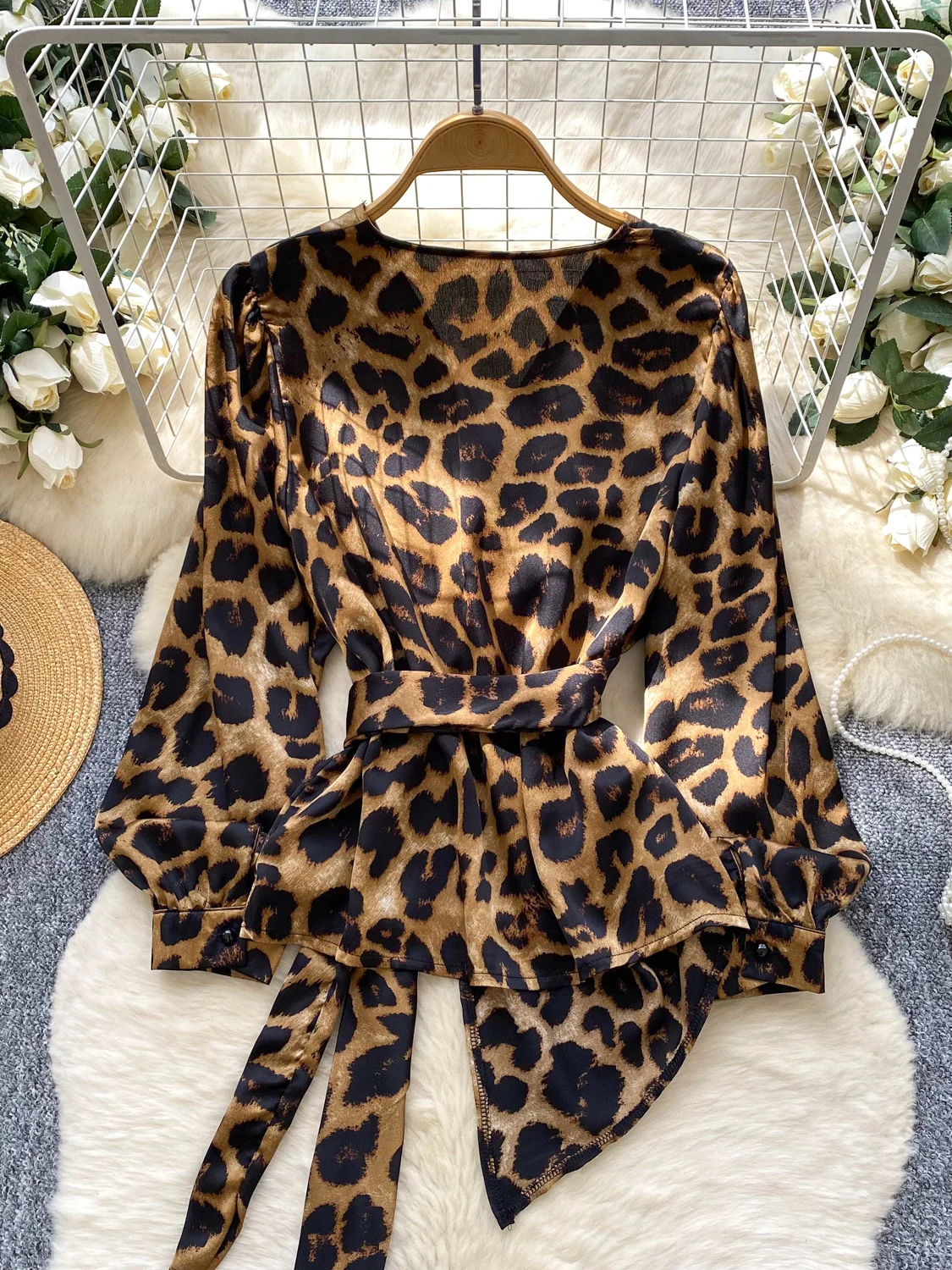 Cross-Band Waist-Cinching Lantern Sve Leopard Print irt Trendy Asymmetrical Design Loose Fit Polyester Fiber Women's irt
