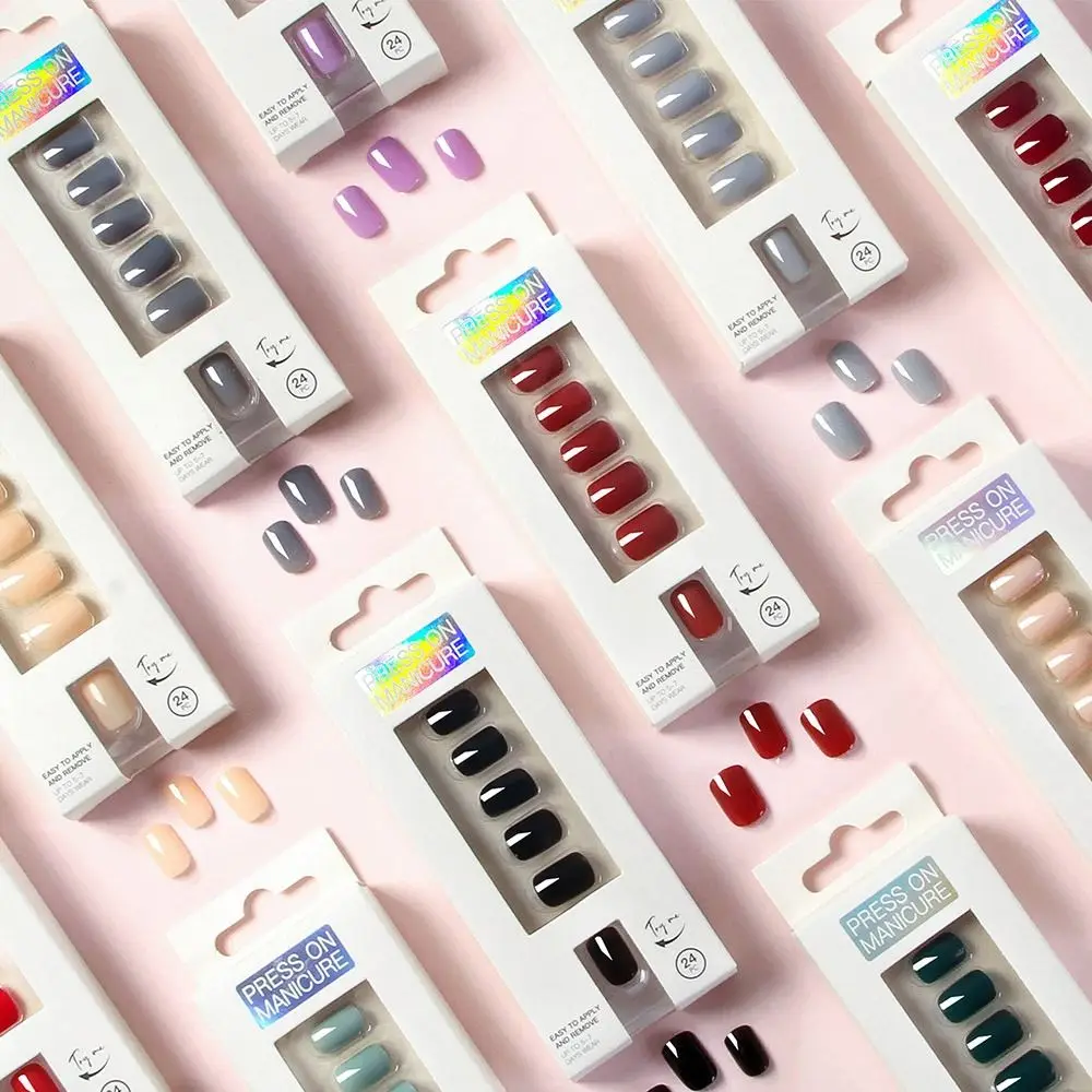 24 pièces/boîte femmes portable faux ongles pointe tête ronde couverture complète ongles conseils artificiel presse sur ongles outil de manucure