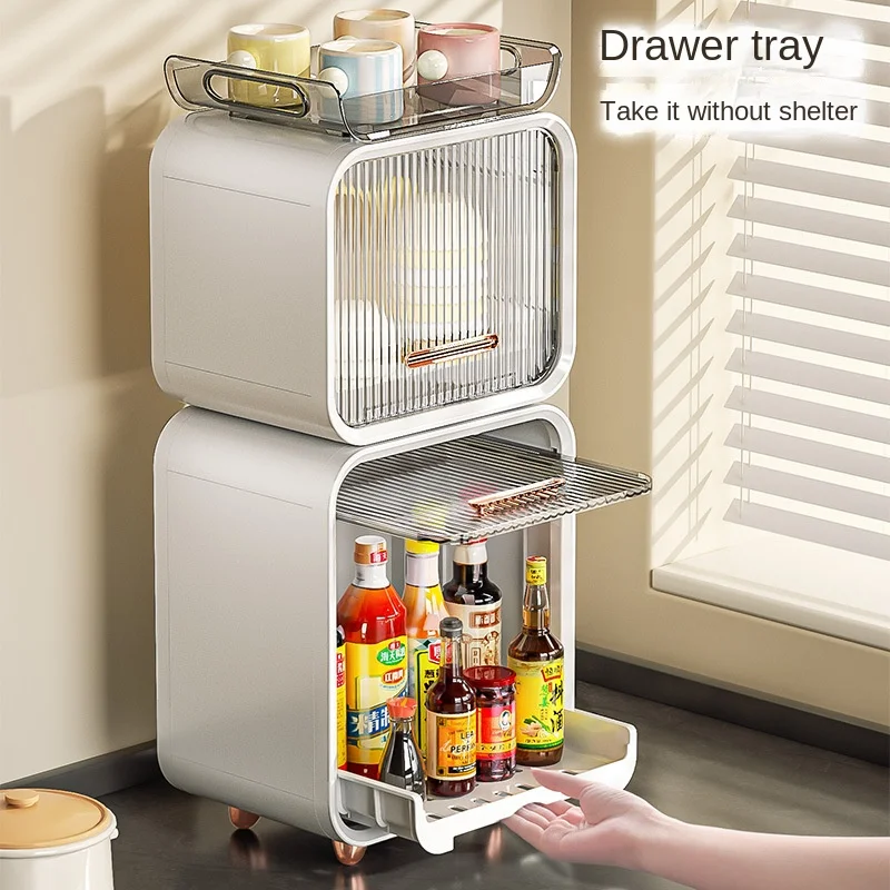 

2Layer Kitchen Storage Cabinets Dust Proof with Cover Dishware Cutlery Water Cup Make Up Organizer Sundry Shelf Multi-Functional