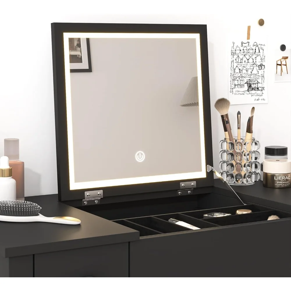 Escritorio de tocador de maquillaje iluminado ajustable con espejo abatible, iluminación de 3 modos, 2 cajones, 3 cajas de almacenamiento para dormitorio