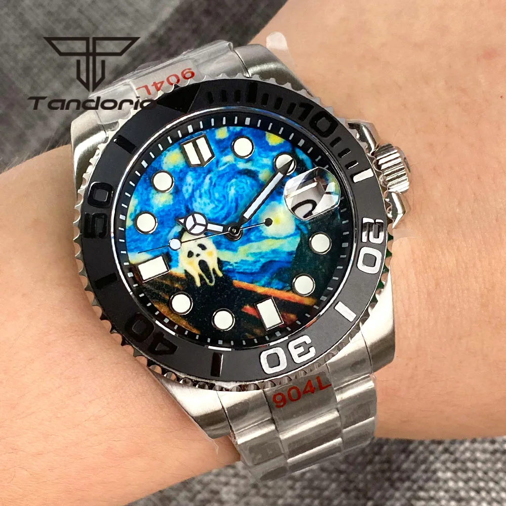 Tandorio Classic 40mm NH35 Automatic Watch for Men 20Bar Luminous Painting Dial Sapphire Glass Rotating Bezel Glide Lock Clasp