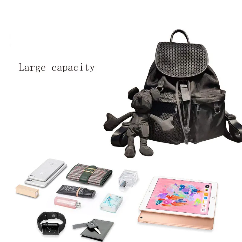 Women Shoulder Bag Nylon Denim With Real Leather Drawstring Flip Backpack Multi Pocket Casual Commuter Bag For Women Men new