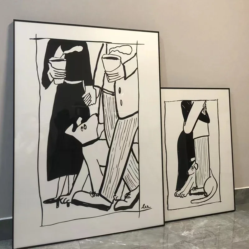 الحديثة الكورية أسود أبيض حبيبي والكلب حياة جيدة الرسم على لوحات القماش الجدارية الملصقات صورة لغرفة المعيشة ديكور المنزل
