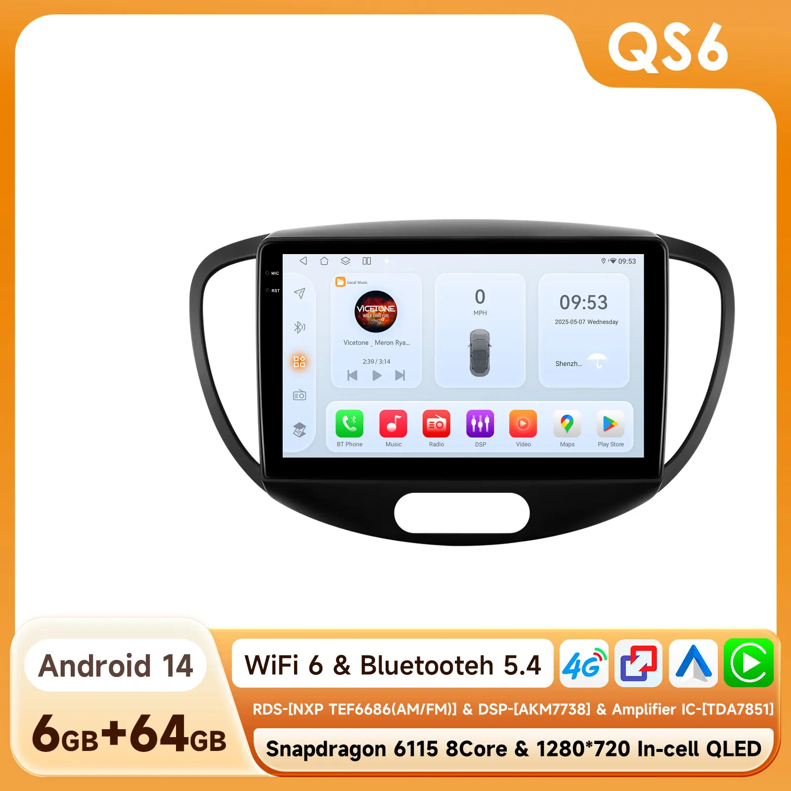 9 "Algpo 2Din Android14 Autoradio voor Hyundai i10 2007-2013 BT 4G Auto CarPlay Navi GPS RDS DSP Snapdragon 6115 360 ° CAM