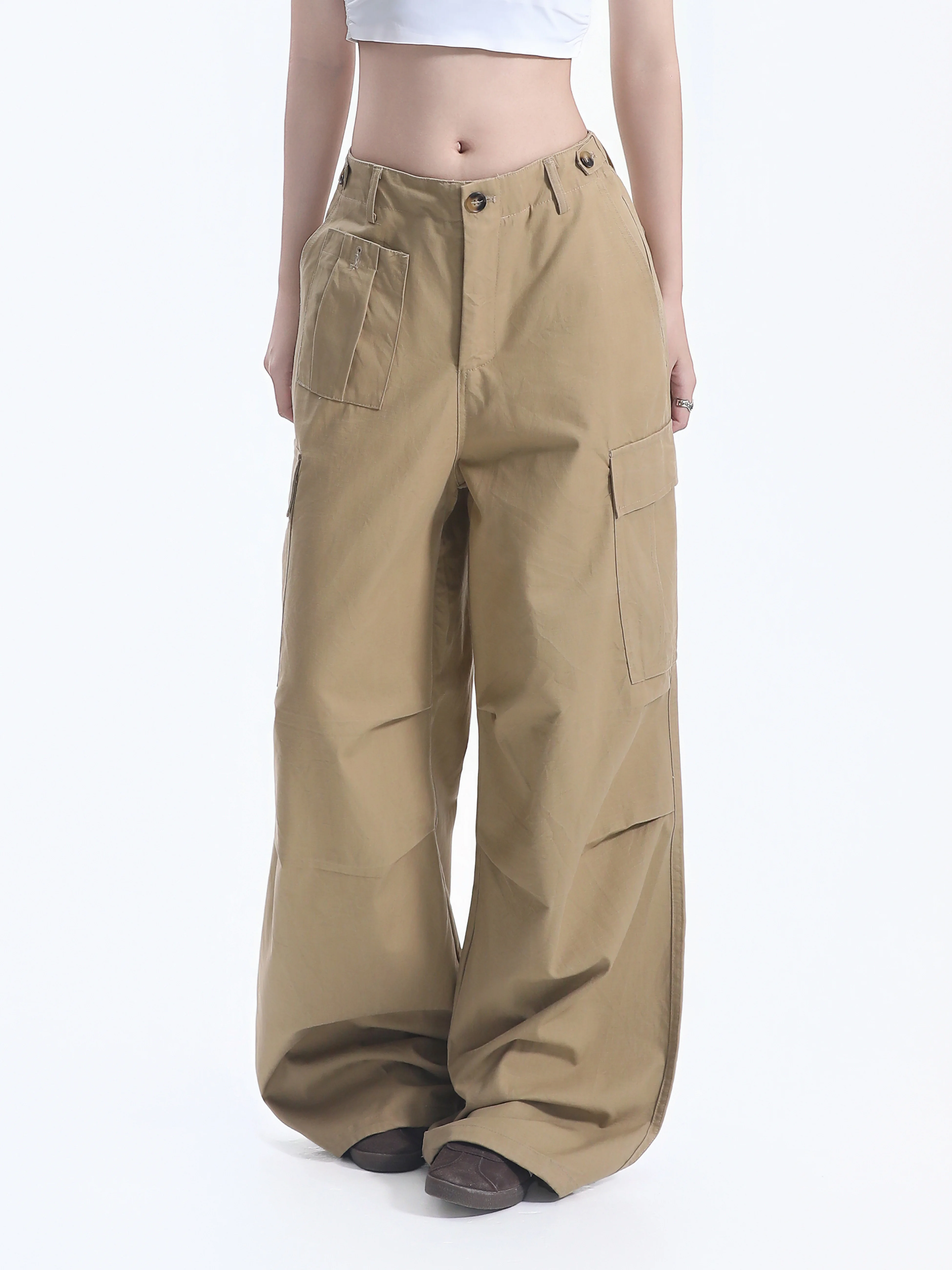 Vintage American Multi-Pocket Utility Pants Women's Wide Leg Straight Cut Floor-Length BF Street Style Long Trousers