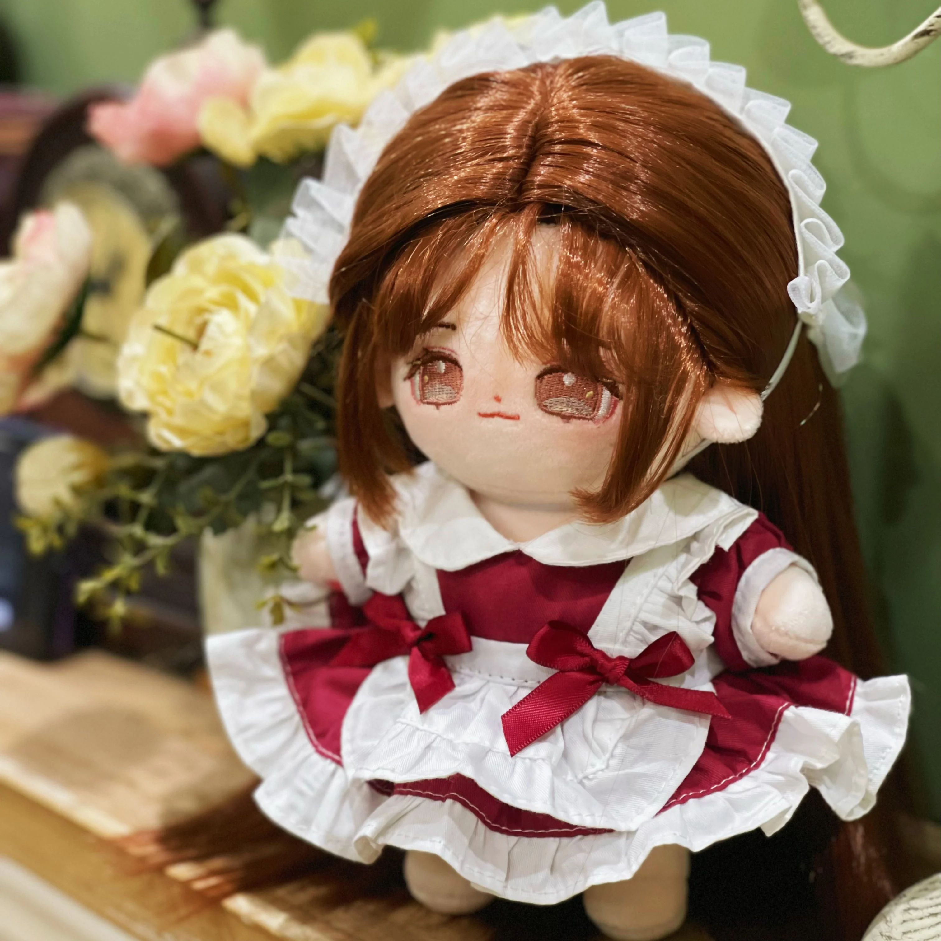 Handmade 2pc 15/20/40CM Doll Clothes Red Maid Dress Headband Kpop Plush Dolls Outfit Toys Baby Doll's Accessories Cos Suit