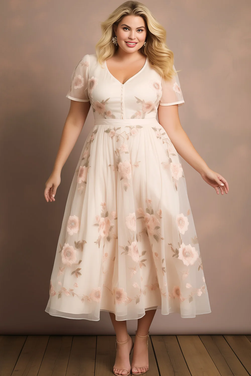 

Flycurvy Plus Size Wedding Guest Beige Mesh Button Floral Print Midi Dress