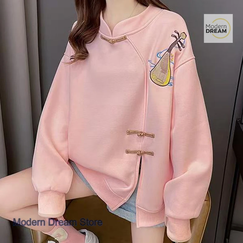 Chinese retro solid color fashion loose plus size blouse women's spring and autumn new embroidered casual loose thin hoodie