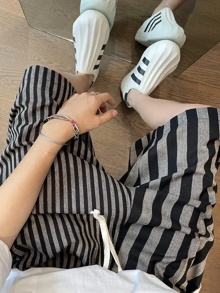 Retro Style Plus Size Mens Shorts Comfort Fit Elastic Waist Summer Beach Casual Black and Gray Stripe Patchwork