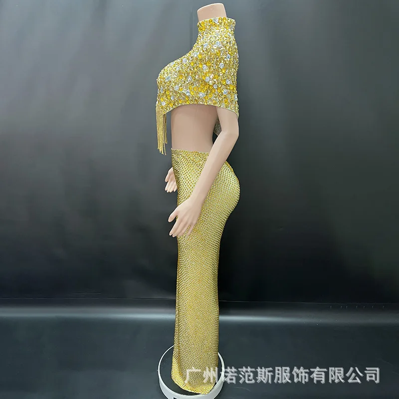 الفاخرة الساطع الذهبي حجر الراين مزاجه سبليت قطعتين الزفاف نخب الملابس المشاهير عيد ميلاد الراقية اللباس