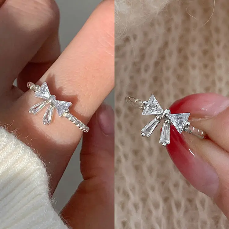 Trendy Arrived Romantic Lovely White Bowknot Rings Girls Exquisite Jewelry Ring with Shiny Bow Tie Zircon for Party Dating Gifts