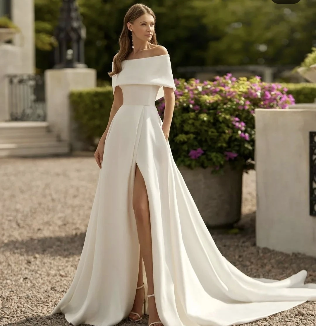 Vestido de novia con corte en A para mujer, traje elegante con abertura lateral, longitud hasta el suelo, hombros descubiertos, Mancha suave, personalizado a las medidas