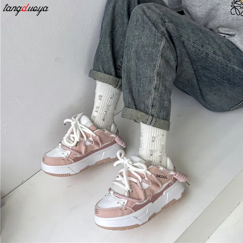 Cute Harajuku Sneakers Women\'s Running Shoes 2024 New blue Thick Platform Sneakers students Outdoor Casual pink Vulcanized Shoes