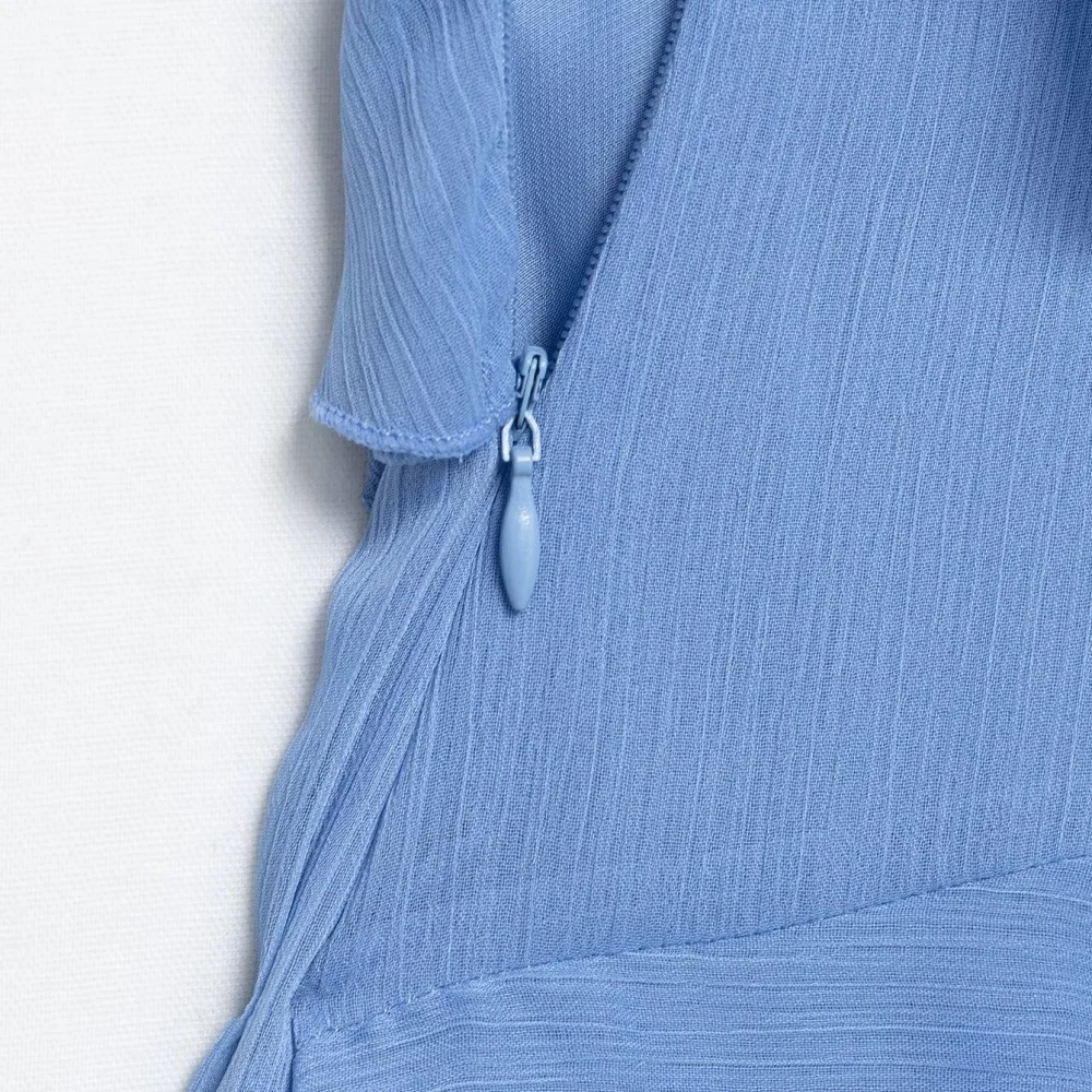 Camisola decorativa em camadas de cor sólida vestido longo com decote em v sem mangas zíper lateral verão novo vestido temperamento feminino