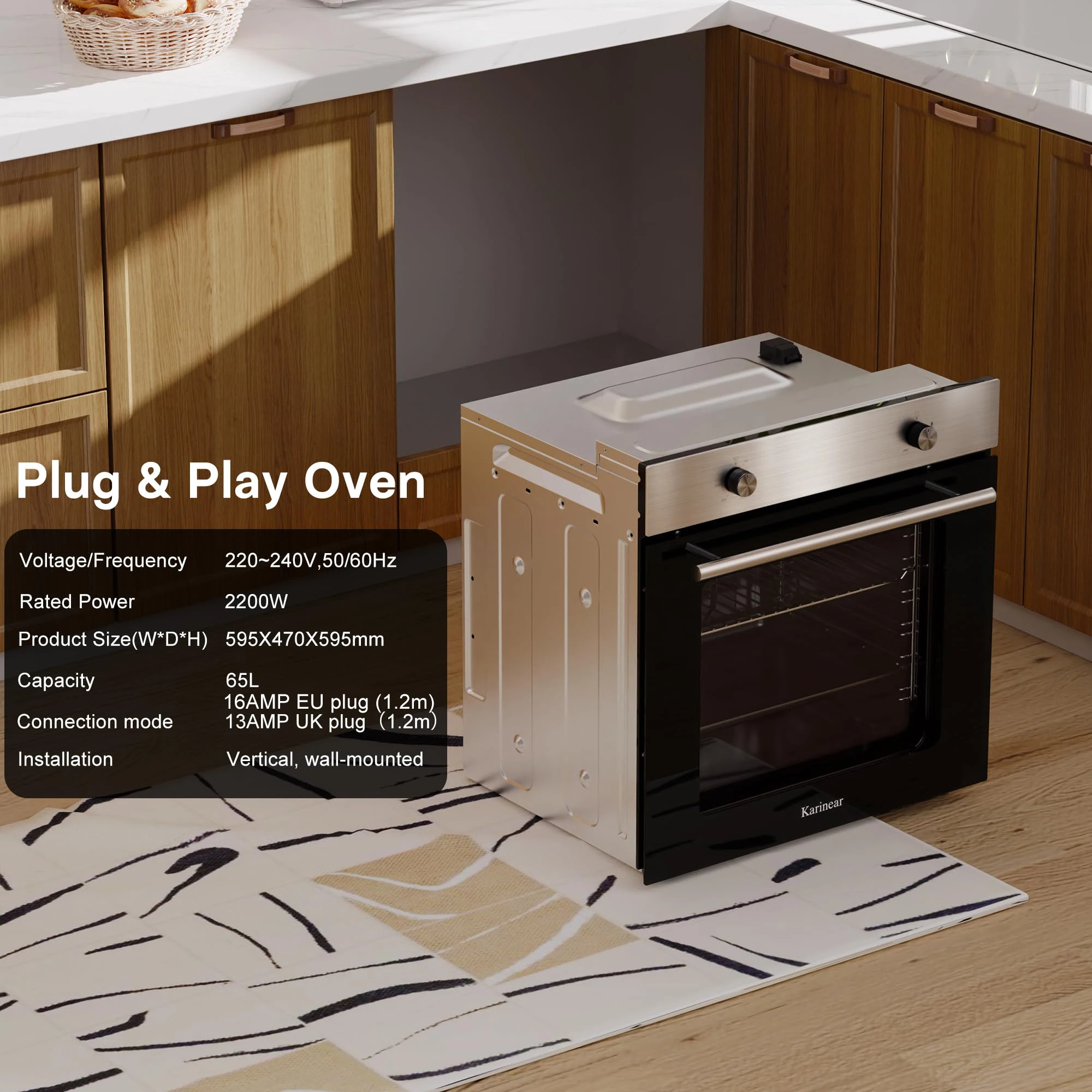 فرن كارينير الكهربائي، فرن 65 لتر، فرن مدمج مع ملحقات، تحكم في المقبض مع 4 وظائف 2200 وات، توصيل وتشغيل بعرض 220 فولت 60 سم