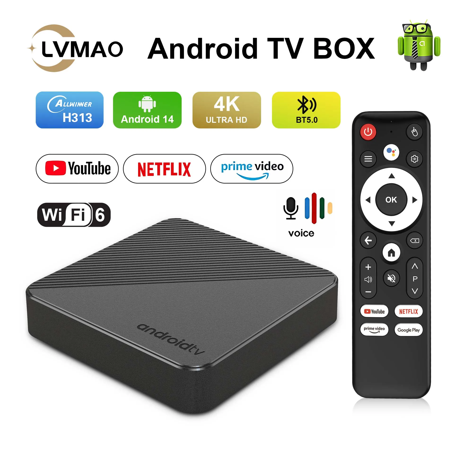 LVMAO T1S TV Box Android14 Allwinner H313 Quad Core 4K Video Google Voice 2.4G 5G Wifi HD10 2G16G H.265 Set Media Player Top Box